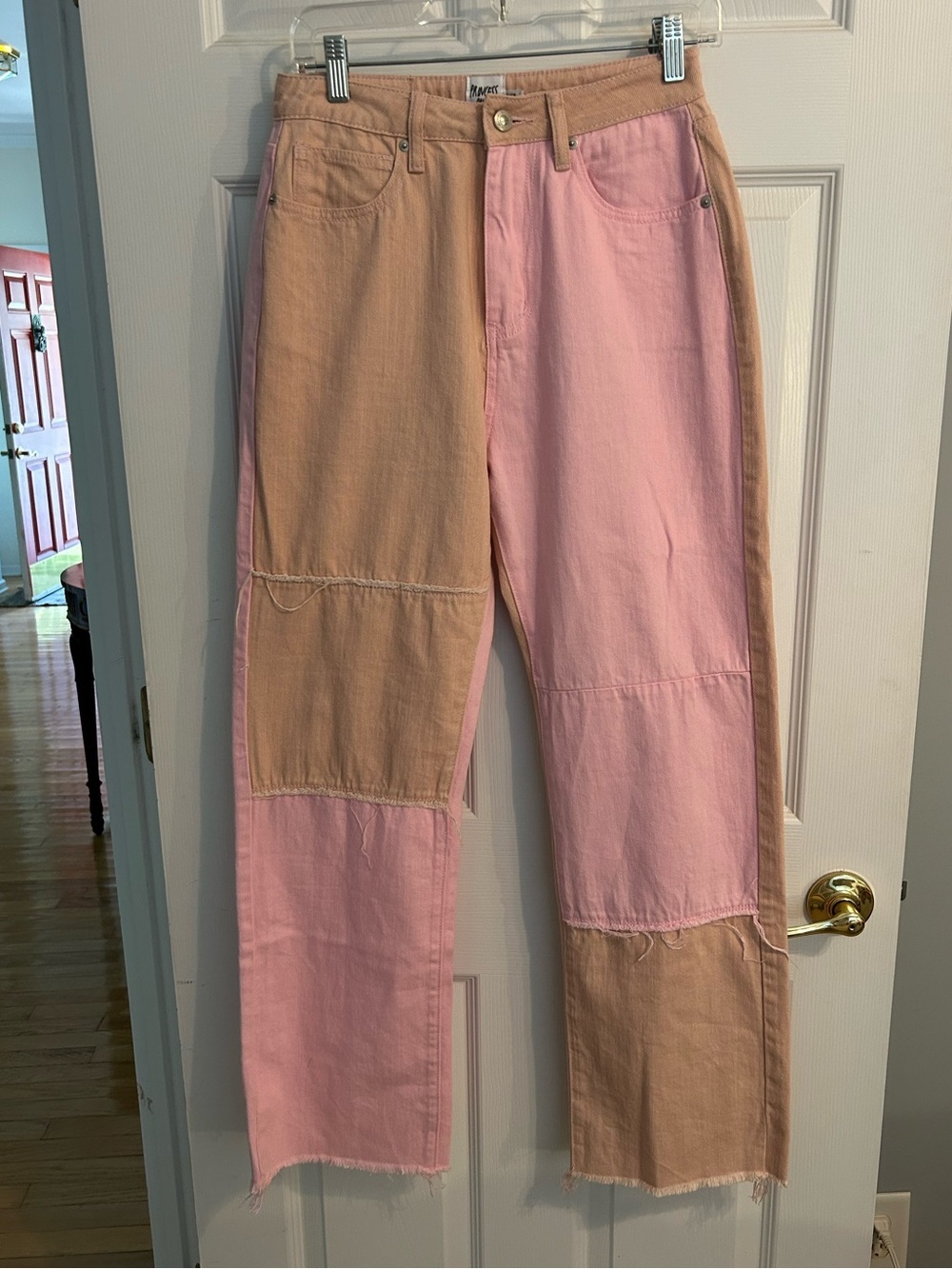 Princess Polly Two-Tone Pink and Tan High-Rise Patchwork Jeans